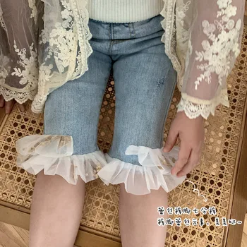 

Girls Korean jeans children 2020 summer new lace pants
