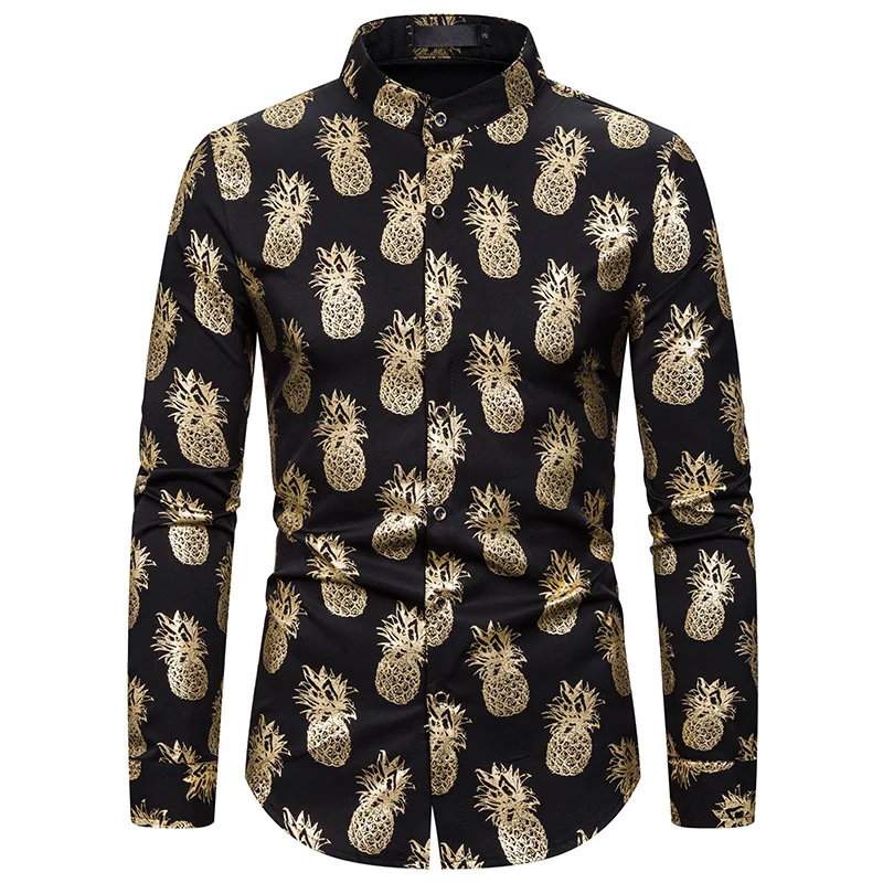 Рубашка мужская с длинным рукавом блестящая золотым принтом фруктов