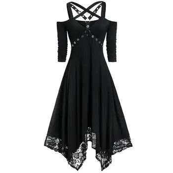 

New Women Dress Halloween Party Open Shoulder Lace Half Sleeve Gothic Dress Fashion Female Autumn Winter Dress Black Vestidos