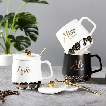 

Nordic Brief Black White Peach Heart Ceramic Mug Business Office Coffee Cup Household Water Milk Juice Mug for Men Women Couples