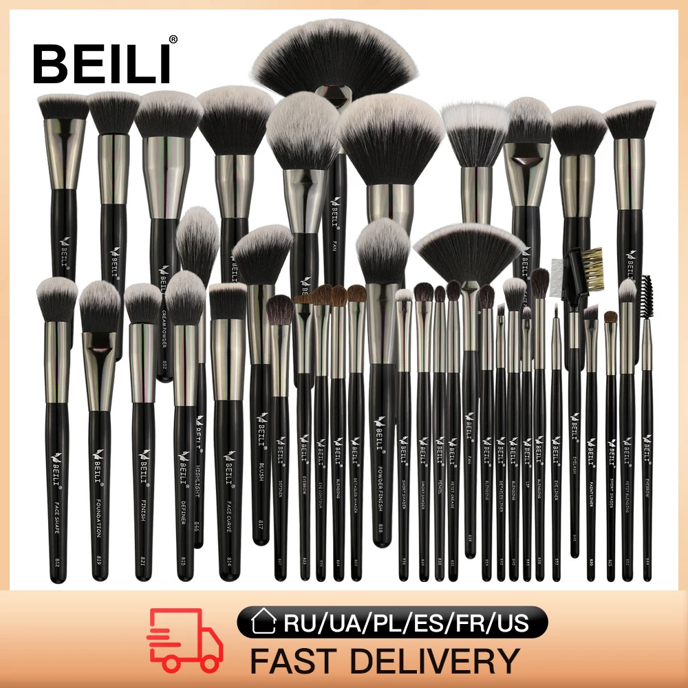 Powder Foundation Makeup-Brush-Set Goat-Hair Blending Professional BEILI Black Luxury