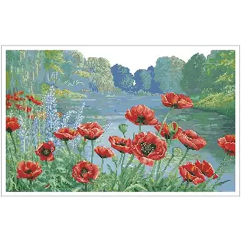 

Poppy hillside patterns Counted Cross Stitch 11CT 14CT 18CT DIY Chinese Cross Stitch Kits Embroidery Needlework Set