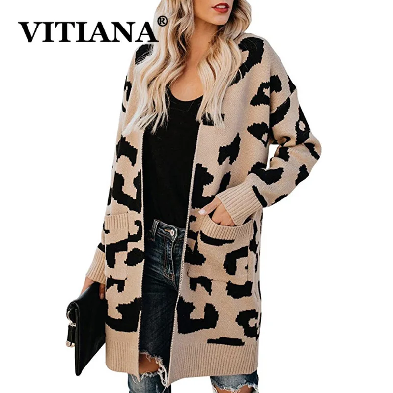 

VITIANA Women Loose Cardigan Sweater Autumn Winter 2019 Female Leopard Long Sleeve Geometric Knit Sweaters Ladies Long Cardigan