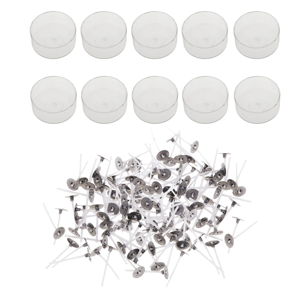 200x Pre-Waxed Cotton Candle Wicks and 10x Plastic Clear Round Shaped Tealight Cup Candle Making Material DIY Craft Kit