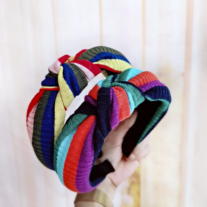 Korean-style Weep Yafeng Hair Bands Rainbow Stripes Headband Knot Hair Bands College Style Sweet Large Rims Face Wash Headscarf
