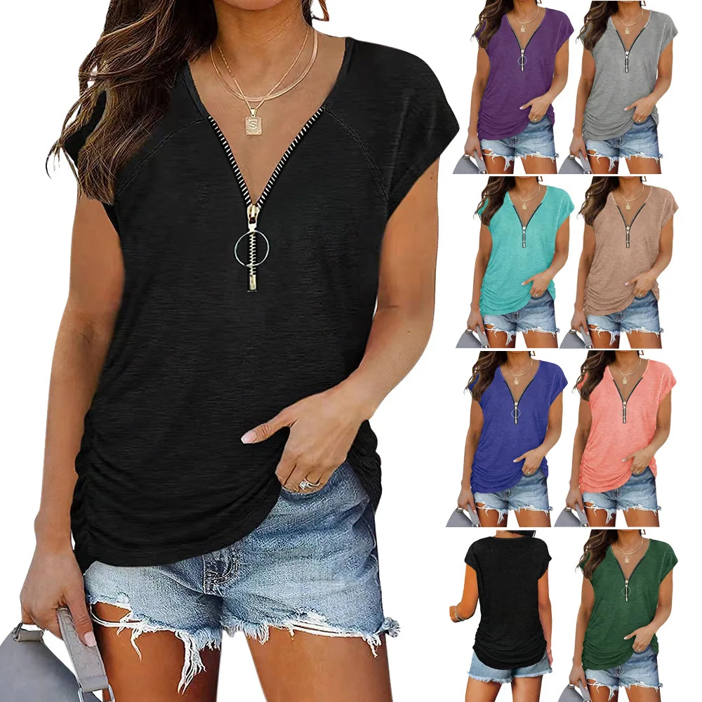 

European And American Women's Shirt 2022 Summer New Chest Zipper Pleated Casual Short Sleeve T-Shirt Women's Top