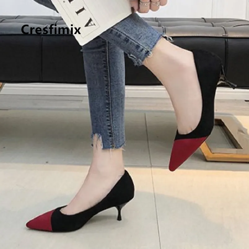 

Cresfimix Lady Fashion Multi Color High Quality Spring Slip on High Heels Female Blue & Black Office Shoes Women Pumps E5541
