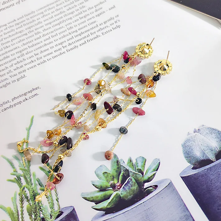 Dominated personality fashion crystal flower Long metal tassels design Multicolor resin molding Women Drop earrings jewelry