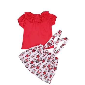 

Christmas Outfits set Peter Pan Collar Short Sleeve T-Shirt Top+Suspender Santa Print Skirts 2pcs Toddler Kids Girls Clothes