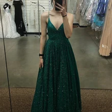 Зеленое Сверкающее платье для выпускного вечера, длинное платье с двойным v-образным вырезом на бретельках, Вечернее Бальное Платье, Robe De Soiree