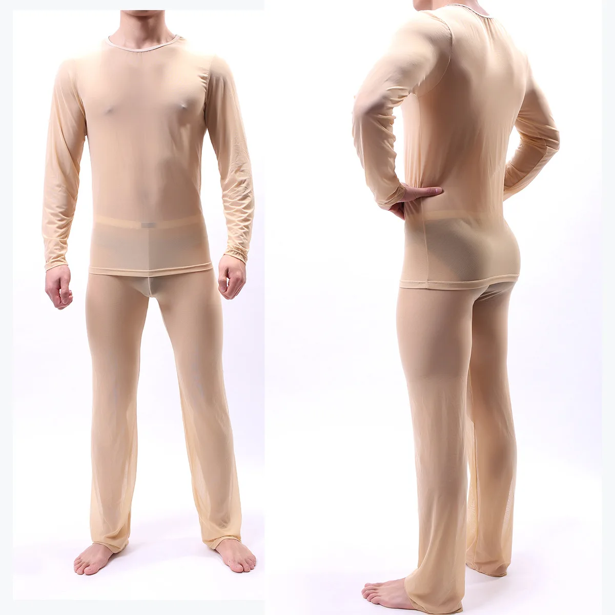 Sexy Men's Home Clothes Transparent Pajama Set Thin Breathable Comfortable Elastic Sleepwear Long Sleeved Nightwear E685 silk pajamas