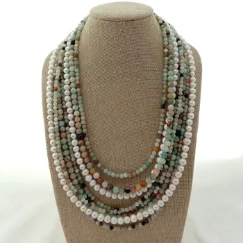 

Amazonite Necklace White Pearl Mixed Color Amazonite 8 rows 19"-23''
