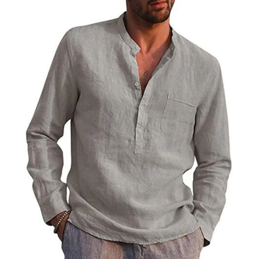 Vintage camisas de Color liso para hombres Casual de manga larga cuello blusa camisa hombre calle 2021 de talla grande