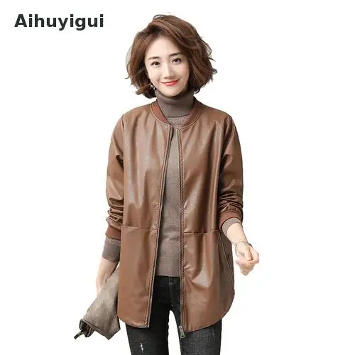 

Aihuyigui Plus Size 2019 New Arrival Women Loose Pu Jacket Full Sleeve Zipper Mandarin Collar Office Lady Coat Mujer Tb095