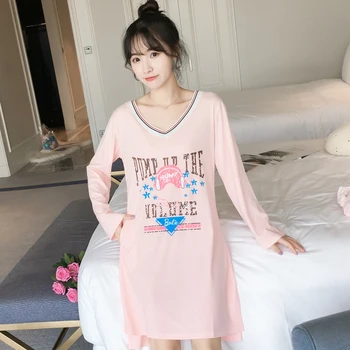 

100% Cotton Nightgowns For Women 2020 Spring Autumn Long Sleeve V-neck Night Dress Letter Home Dress Female Sleepwear Nightdress