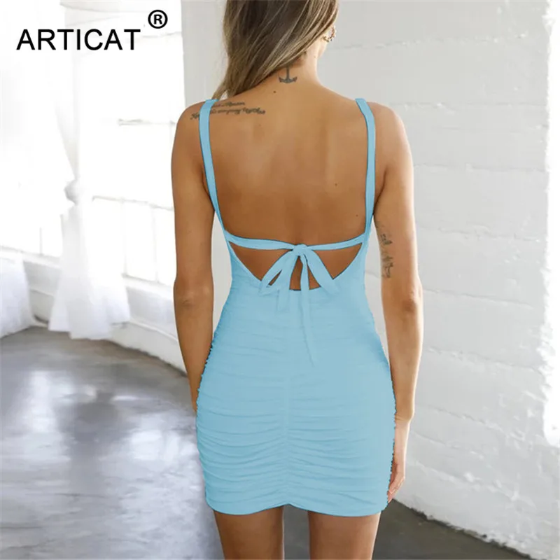 Articat Sexy Ruched Spaghetti Strap Dresses Women Backless Lace Up Bodycon Red Mini Dress Female Club Party Wear Vestidos