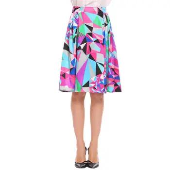 

Women High Waist Folds Vintage Style Print patchwork Knee Skirt A Line Casual Party skirt feamale zip knee skirts