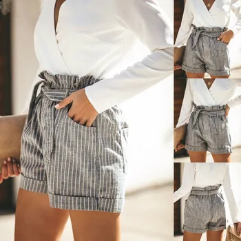 

Fashio Women Casual Shorts Striped High Waist Cropped Trousers With Bow Belt Ladies Girls Summer Beach Short Pants