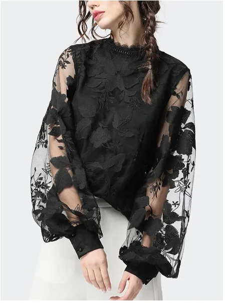 

2020 New Style Women's Lace Puff Sleeve Transparent Crew Neck Solid Color Tops Blouses Female Casual Shirts