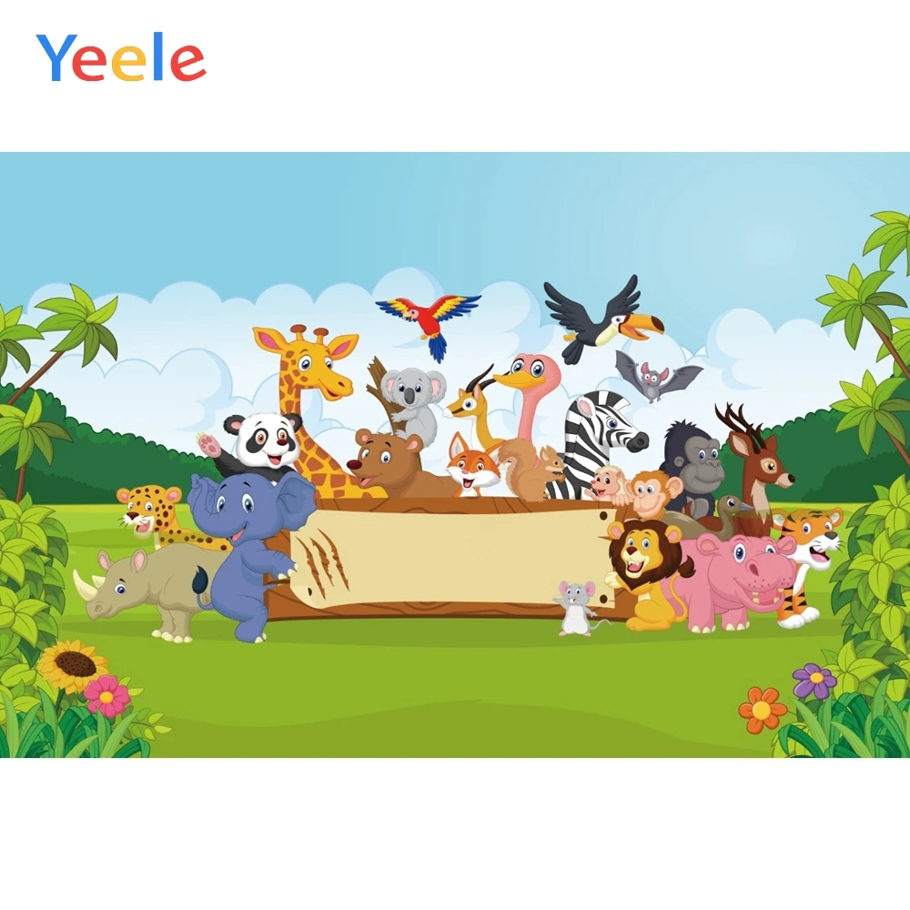 

Yeele Baby Birthday Animals Cartoon Lawn Customized Photography Backdrops Personalized Photographic Backgrounds For Photo Studio