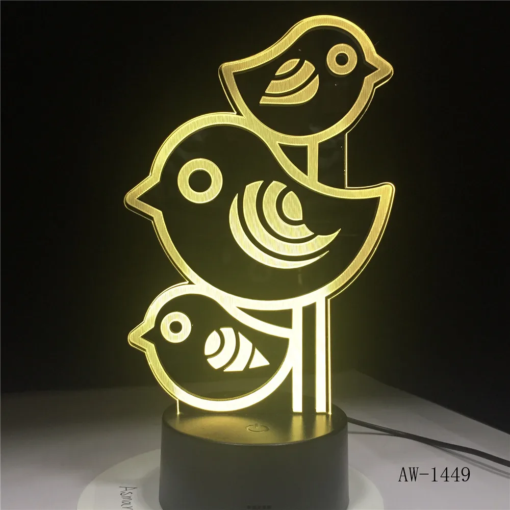 Креативная модель с тремя птицами, светодиодный 3D лампа, USB, цветная настольная лампа, детская спальня, ночник для дома, лампа для офиса, AW-1449