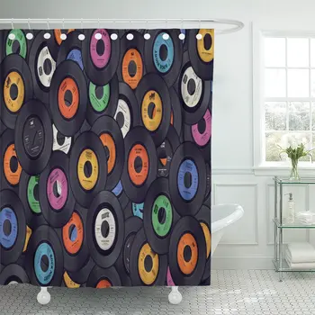 

Pop Vinyl Records Music Retro Album Sixties Label Disco Shower Curtain Waterproof Polyester Fabric 72 x 78 Inches Set with Hooks