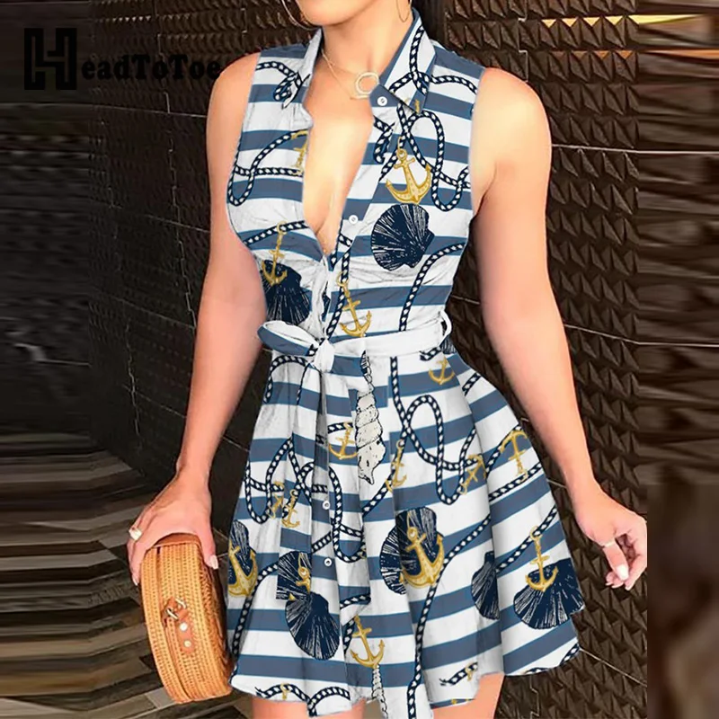 Striped Print Tie Waist Sleeveless Shirt Dress | Женская одежда