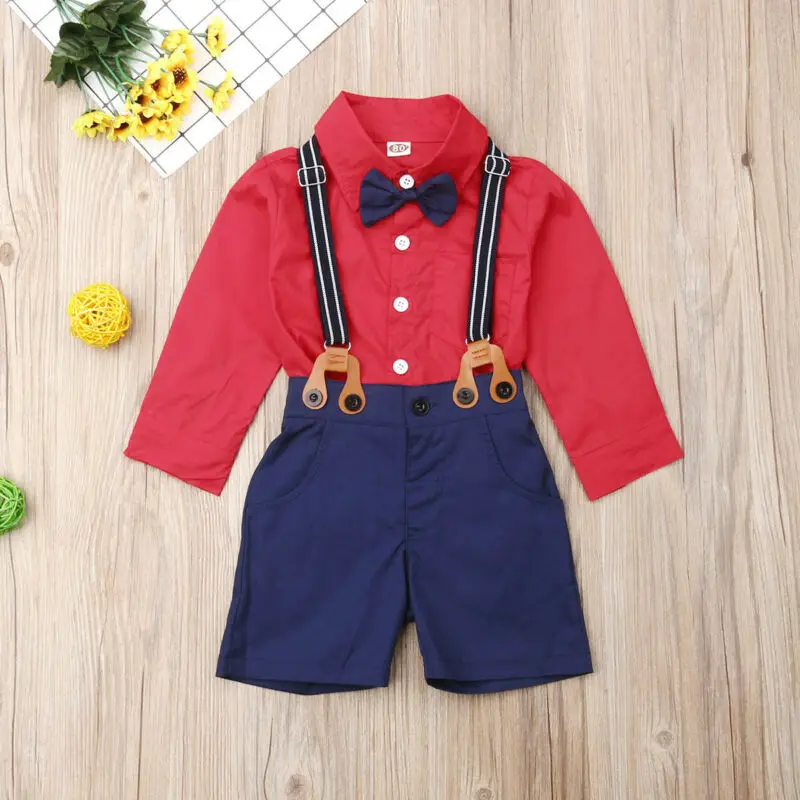 Комплект из 2 предметов для новорожденных мальчиков, джентльменский топ с длинными рукавами, красная рубашка+ комбинезон+ галстук-бабочка, комплект одежды, вечерние комплекты одежды с принцем