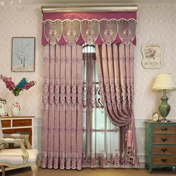 

European and American high-quality purple chenille flowers living room blackout curtains classic and luxurious bedroom curtains