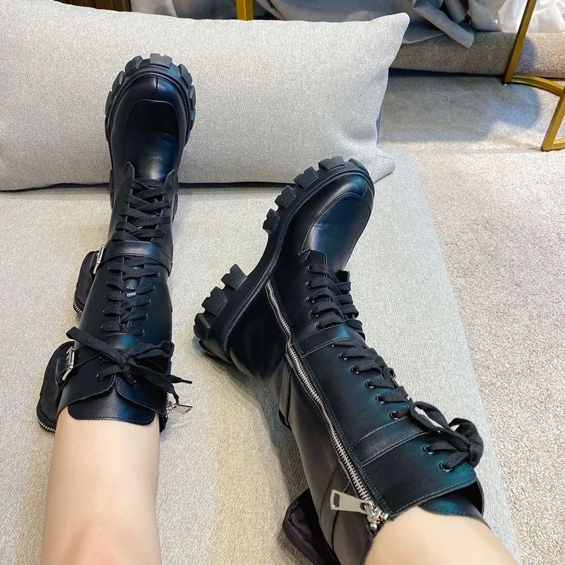 Autumn and Winter Show Style Martin Boots 2020 Women's Leather Muffin Thick Bottom Pocket Purse Motorcycle Mid Tube Knight Boots