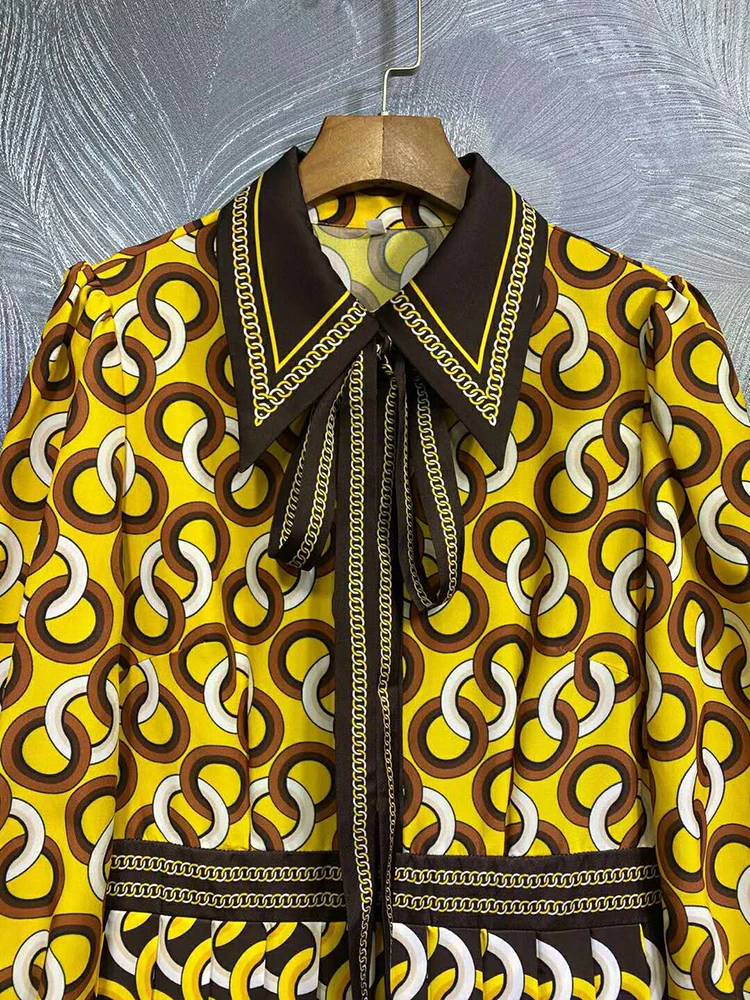 SEQINYY Yellow Midi Dress 2020 Early Autumn Spring New Fashion Design Women Long Sleeve Vintage Print Shirt Dress Casual