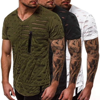 

ZNG 2020 New Arriving Hole T-shirts Men Summer V-neck Zipper Tops Male Short Sleeve Casual Solid Clothes Streetwear