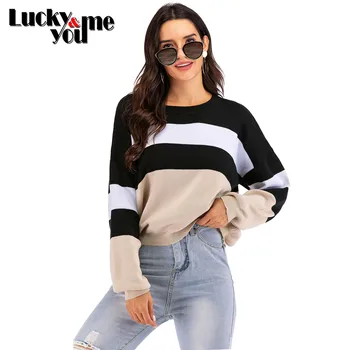 

New Arrive 2020 Womens Autumn Winter Casual Patchwork Sweater O-Neck Pullovers Sweater Tops Girls Street Wear Crochet Sweater