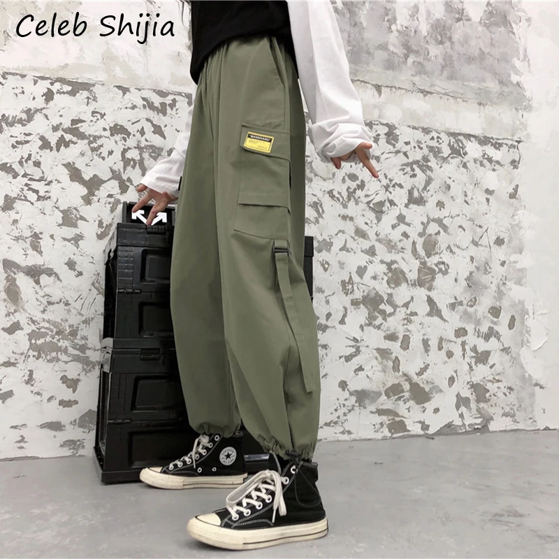 

StreetWear Woman Cargo pants harajuku black green Loose boyfriend style full length pant female autumn spring