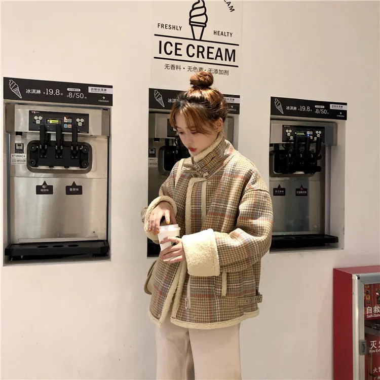 Новинка, зимнее пальто для фотосессии в Корейском стиле, клетчатое пальто из овечьей шерсти и хлопка, Женская мотоциклетная куртка свободного кроя