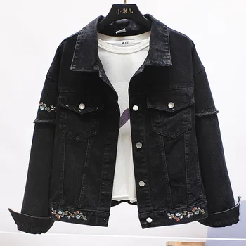 

Harajuku Black Jeans Coat Flower Embroiderey Women's Loose Students Korean Denim Jacket Outwear Woman Streetwear Lady Jean Coats