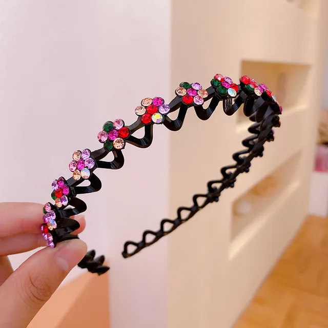 Fashion Pearl Non-Slip Rhinestone Hairbands Elastic Flower Women Hair Hoop Bands Headband Bezel Girls Hair Accessories Headdress F multicolor ab