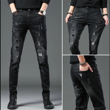 

Europe and the United States new hole men's jeans stretch slim feet pants trend casual pants men black demin jeanscheny