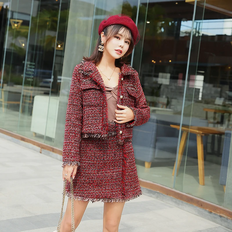 

Autumn Winter Runway Women Tassels Tweed 2 Piece Set Women Short Jacket Coat + Mini Skirt Suits Two Piece Womens Clothing Sets