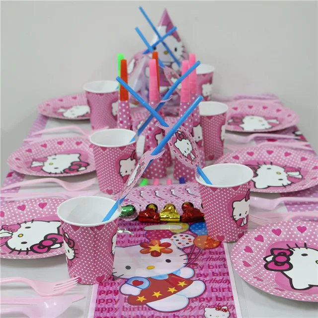  95Pcs/125Pcs Cartoon Hello Kitty Paper Cup Plate Invitation Card Hat Baby Shower Kid Birthday Decor - 4000169774810
