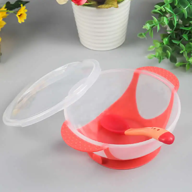 The red bowl set Детская прозрачная миска с антинаконечником с изоляцией, набор тренировочных чашек с ложкой, термохромизирующая ложка - Цвет: The red bowl set