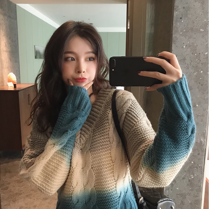 

Women Sweater V-neck Gradient Thick Knit Sweater Female Elegant Loose Sweaters Women Fashion MX19D5556