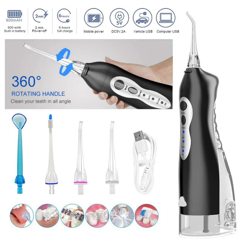 Oral Irrigator USB Rechargeable Water Flosser Portable Dental Water Jet IPX7 Water Tank Waterproof Teeth Cleaner +5 Nozzles
