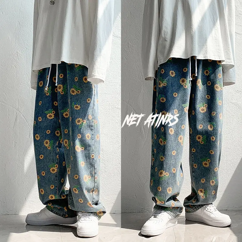 Pantalones vaqueros con estampado con dibujo para hombre y mujer, pantalón de moda informal de gran tamaño, ropa de calle coreana, Hip Hop, Otoño, 2020