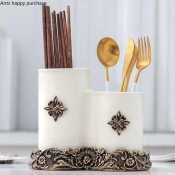 

European Style Home Kitchen Supplies Multifunction Ceramics Chopsticks Tube Chopsticks Cage Cutlery Storage Box Retro Rack