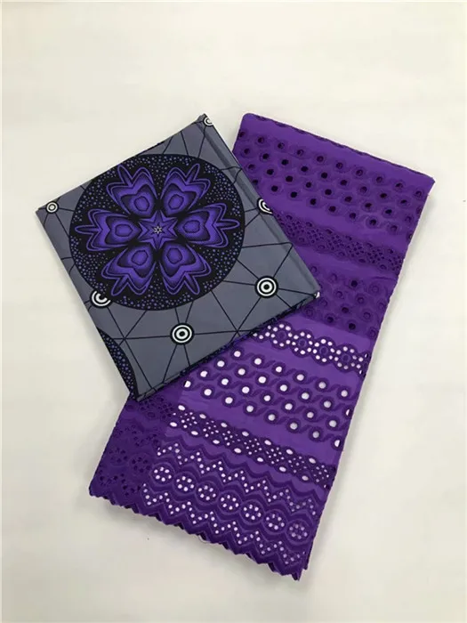 

Latest 3Y African batik wax fabric with 2.5Y purple cotton cloth Swiss voile lace fabric for dress set WWC11