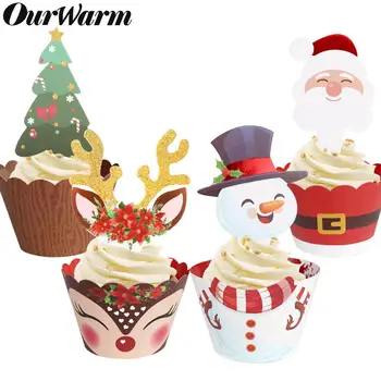 

OurWarm 24Pcs Christmas Cake Toppers Cupcake Wrappers Santa Claus Snowman Xmas Tree Elk Christmas Decorations for Home Kid Favor