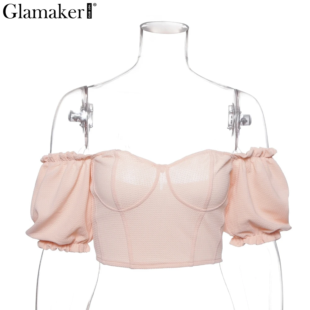 Glamaker, винтажная, с открытыми плечами, сексуальная короткая блузка, для женщин, с пышными рукавами, с оборками, Элегантная блузка, для женщин, Осень-зима, вечерние, сексуальный топ - Цвет: Розовый