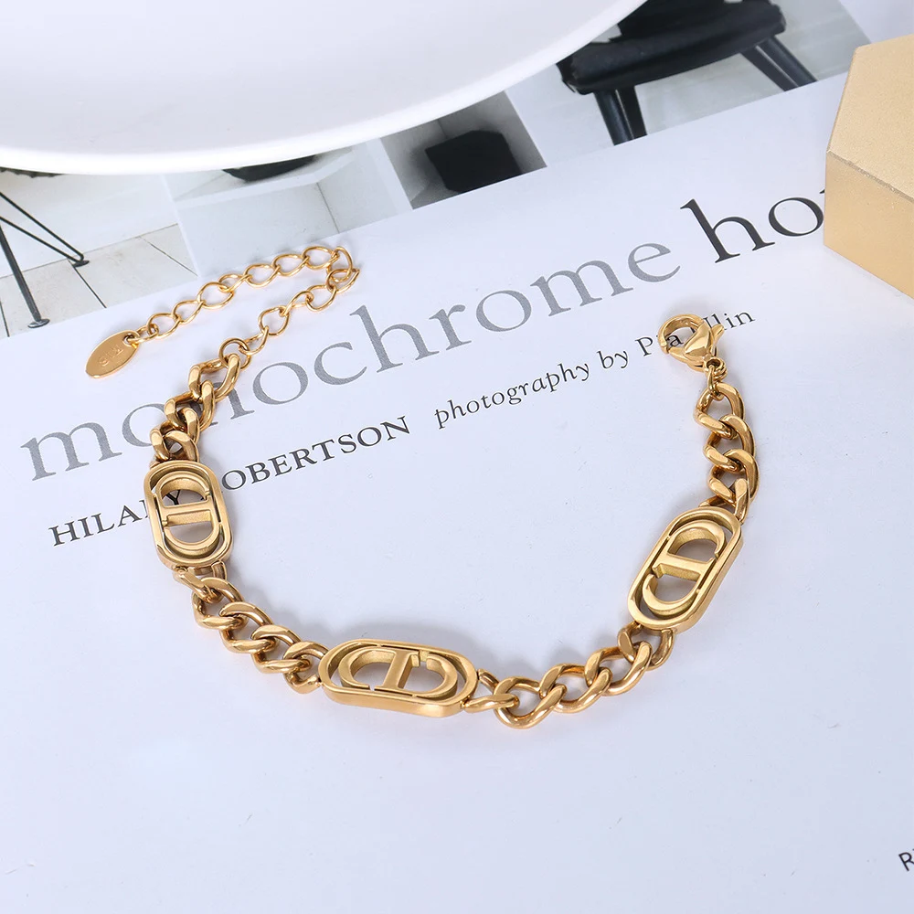 YAONUAN Hiphop Titanium Steel Gold Plated Bracelet For Women Double D Thick Line Design Chain Bracelet 2021 Trendy Party Jewelry