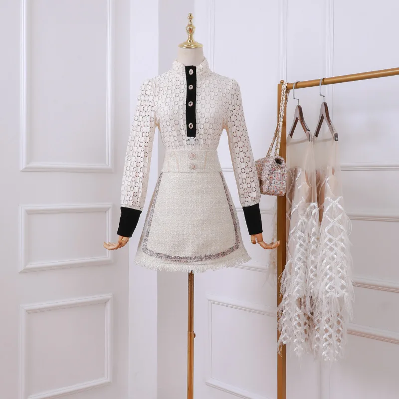 

19 New Style Autumn And Winter Retro Set Hollow out Lace Joint Velvet Tops + High-waisted Tweed Skirt Two-Piece Set